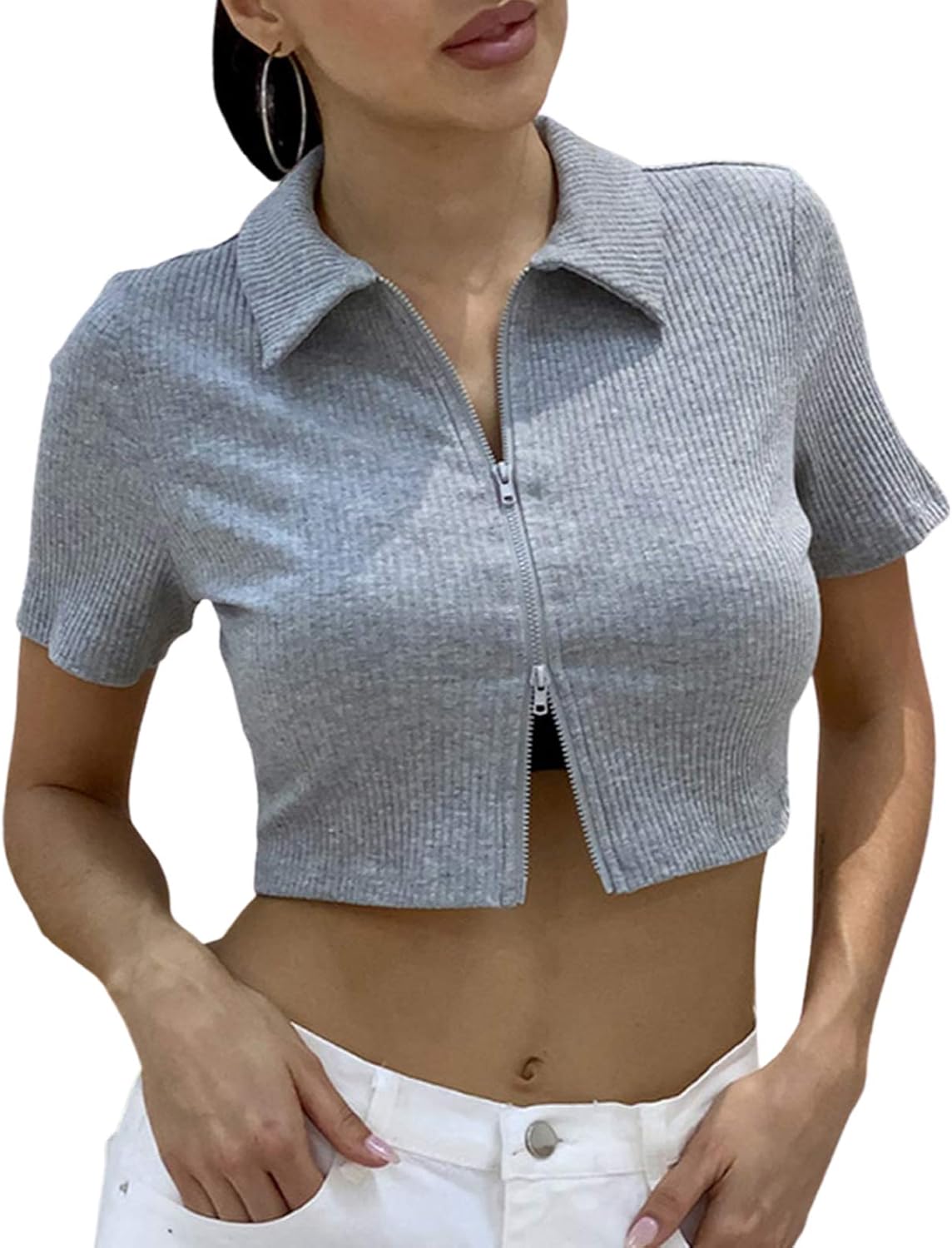 Women's Ribbed Knitted Crop Top Short Sleeve Tops Cropped Double Zip Up