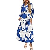 Wenrine Womens Maxi Shirt Dress Casual Floral Collared 3/4 Long Sleeve Drawstring Waist Fall Button Down Dresses