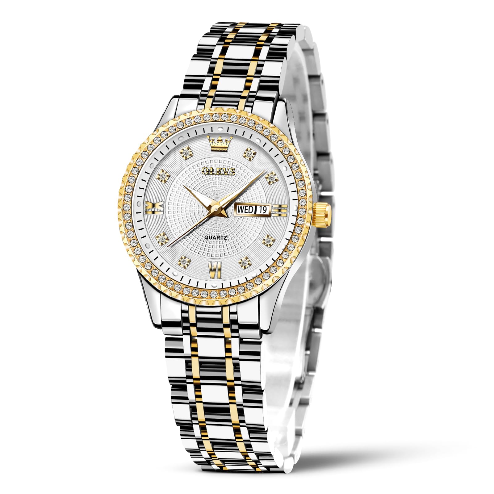 OLEVS Womens Watches Small Face Ladies Watches for Women with Day Date Diamond Silver Gold Two Tone Stainless Steel Waterproof Analog Reloj para Mujer Classic Fashion Dress Quartz Womens Wrist Watch