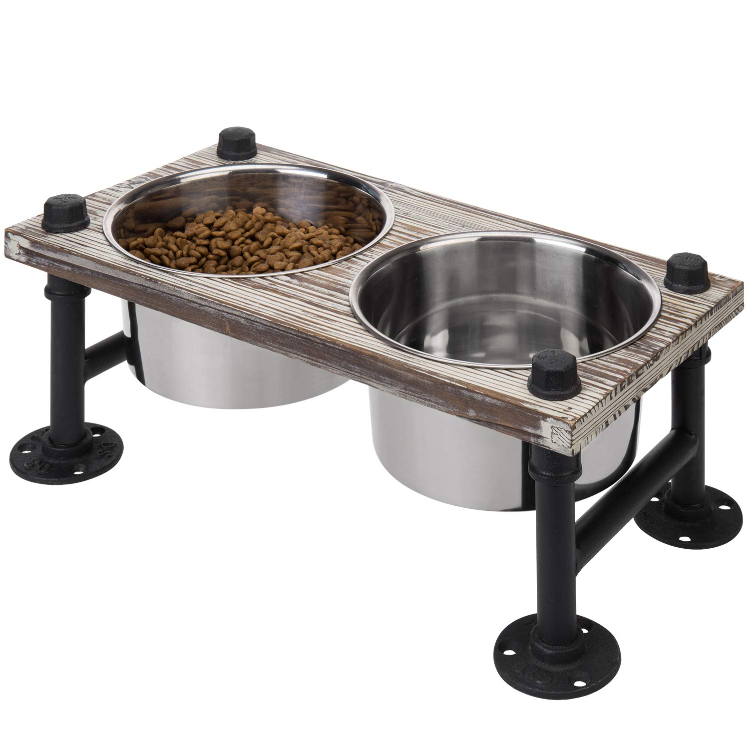 Photo 1 of MyGift Rustic Solid Torched Wood Elevated Dog Feeder with Industrial Metal Legs, Dog Food and Water Bowls for Medium Dogs, Raised Pet Feeder with 2 Stainless Steel Bowls