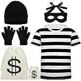 SOMSOC Adult Halloween Robber Costume Set T-shirt Beanie Cap Money Bag Eye Mask Gloves for Halloween Cosplay Theme Party