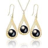 Qinpan 14MM Big Pearl Necklace and Earring Sets for Women Glod Plated Jewelry Set