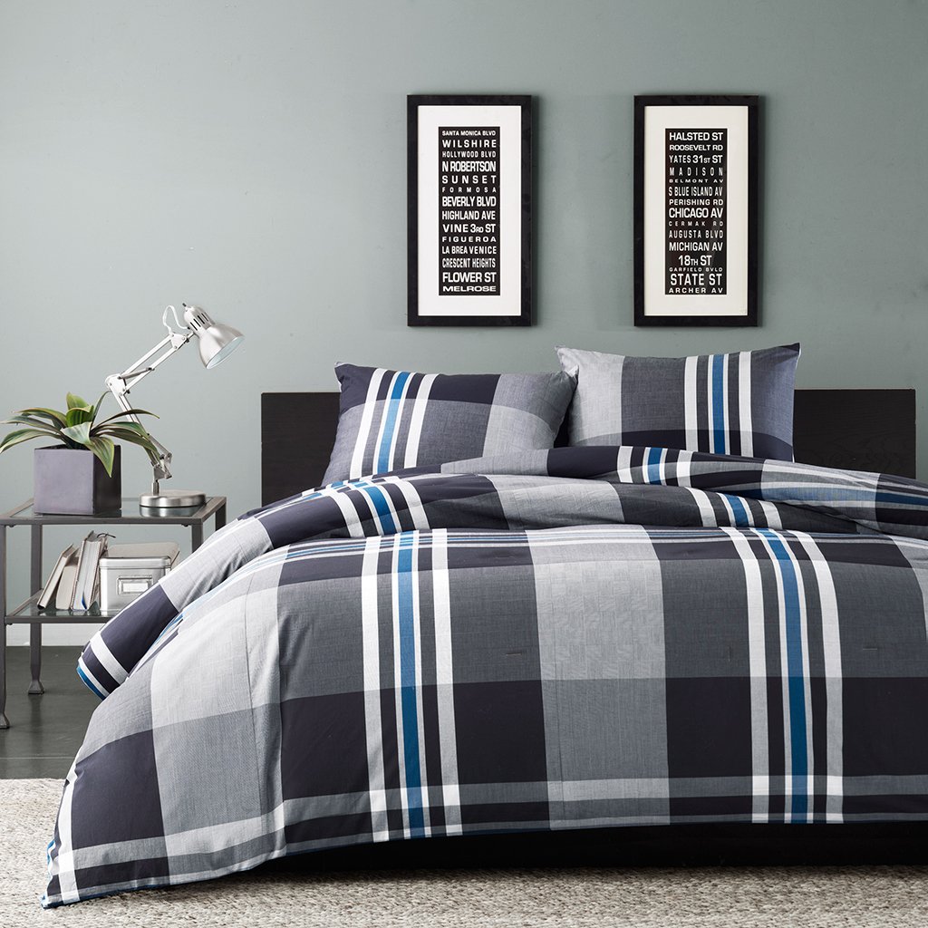 Ink+Ivy Nathan Twin Comforter Set Teen Boy Bedding - Grey, Plaid – 2 Piece Bed Sets – 100% Cotton Yarn Bed Comforter