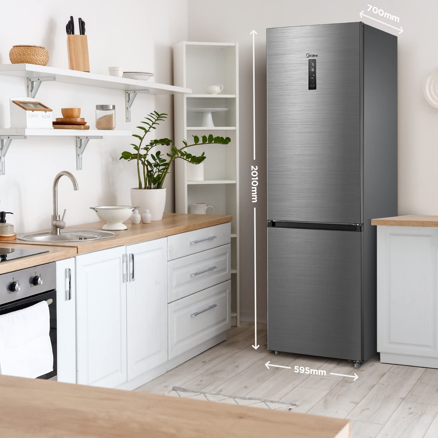 Midea Kühlschrank mit Gefrierfach MDRB521MGA46O | 378L Kühl-Gefrierkombination (256L + 122L) | Inverter Kompressor, NoFrost, Metal Cooling | Leise 29 dB, 113 kWh/Jahr | 201 cm Höhe, ‎ Edelstahl 7