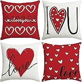 Valentines Day Decorations-Valentine Pillow Covers 18x18 Set of 4, Red Hearts I Love You Happy Valentine's Day Throw Outdoor Pillow Covers Anniversary Wedding Cushion Case for Home Sofa Couch Decor