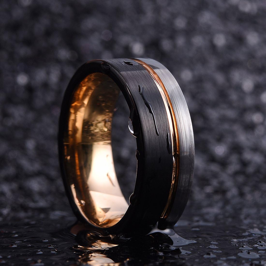 King Will LOOP Tungsten Carbide Wedding Band 6mm/8mm Rose Gold Line Ring Black and Silver Brushed Comfort Fit | 