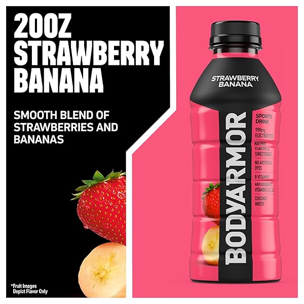 BODYARMOR SPORTS DRINK SPORTS BEVERAGE, STRAWBERRY BANANA, COCONUT WATER HYDRATION, NATURAL FLAVORS WITH VITAMINS, POTASSIUM-PACKED ELECTROLYTES, PERFECT FOR ATHLETES, 20 FL OZ (PACK OF 6)
