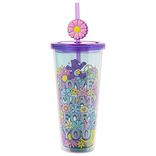 Silver Buffalo Care Bears Groovy “Love That For You” Featuring Grumpy Bear and Harmony Bear Glitter Plastic Cold Cup with Lid and Straw Topper, 24 Ounces