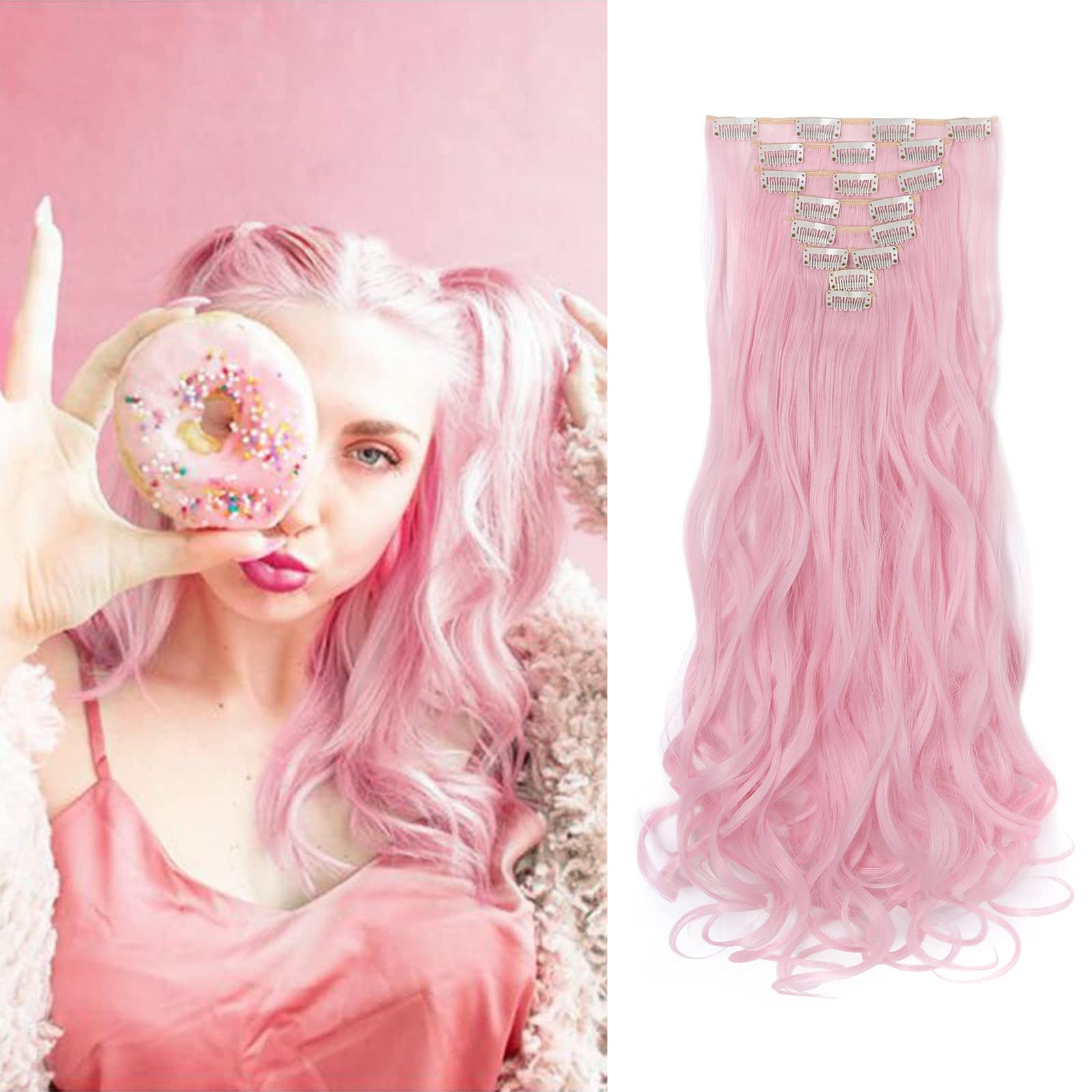 Photo 1 of Benehair Light Pink Hair Extensions Pink 8PCS Clip in Hair Extensions Seamless Double Weft Highlight Wavy Curly Full Head 18 Clips Women Colorful Hairpiece 24" Curly Cosplay Tangle-free Party
