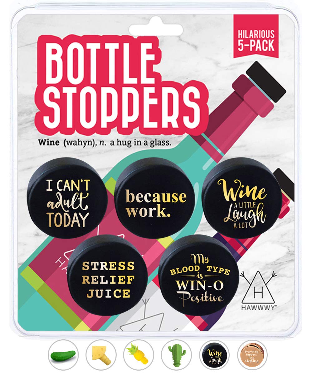 Hawwwy Funny Wine Stoppers, 5 Pack Hilarious Bottle Topper Sayings Cute Kitchen Gadgets Gifts, Air Tight Reusable Unique Themed Gift Idea Fun Saver Best Caps Accessories Preserver Beverage Decorative