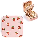 Artinhand Strawberry Small Travel Jewelry Case with Mirror Portable Pink PU Leather Box Earrings Necklaces Rings Bracelets Storage Organizer Gift for Women And Girls