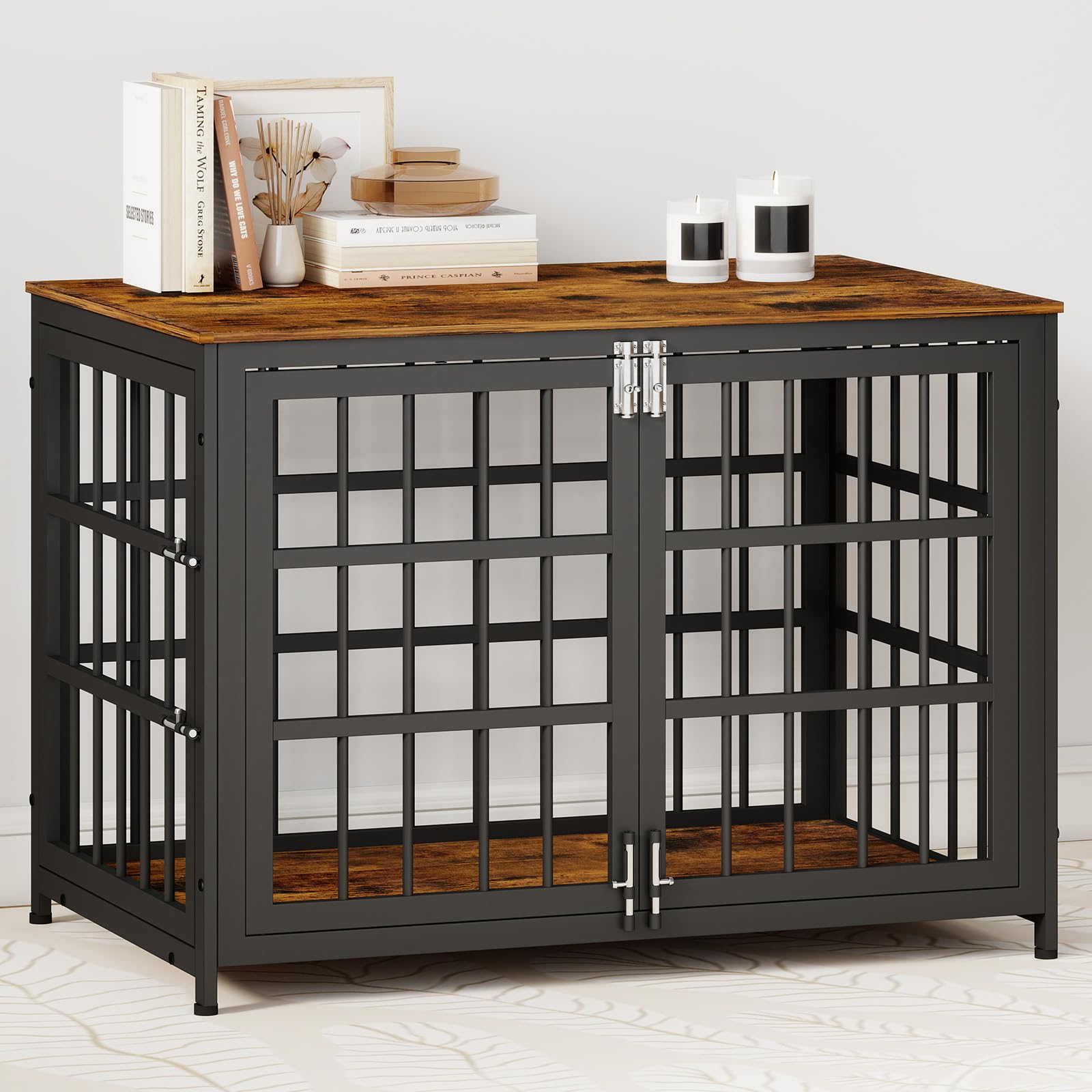 Photo 1 of ***IOMAGE FOR REFERENCE*** 38 Inch Heavy Duty Dog Crate Furniture with Multiple Secure Locks and Double Door, Wooden Dog Kennel End Table for Large Dogs, Indoor Decorative Dog Cage for Home Use, Aged Black