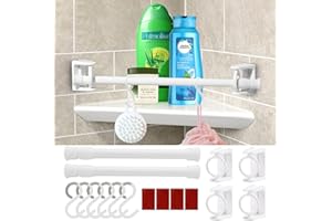 SUNCARACCL 2 Sets RV Camper Travel Trailer Bathroom Corner Storage Bar, Adjustable Spring Tension Rods with Rotatable Bracket and S-Hooks, RV Accessories for Inside for Securing Toiletries