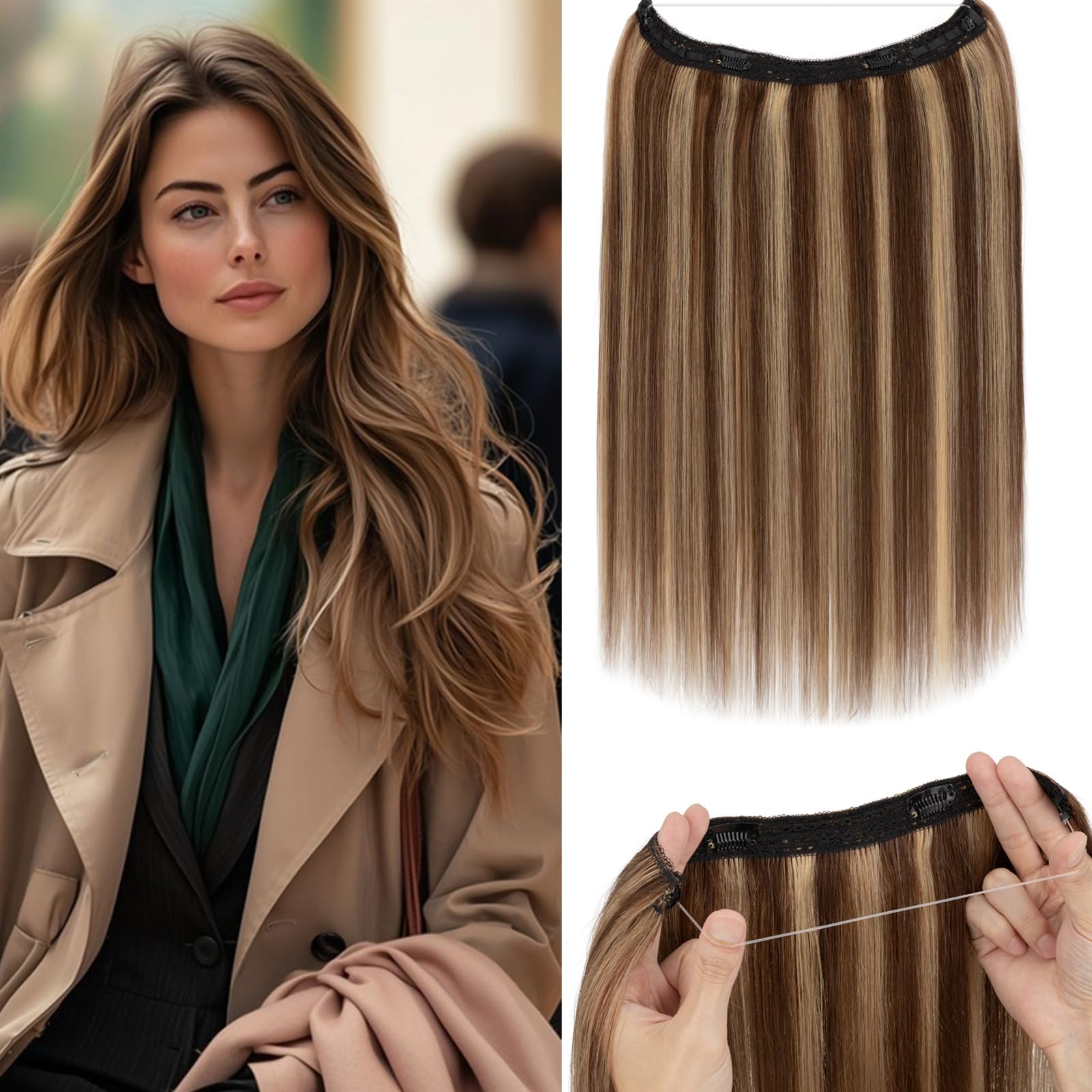 Photo 1 of Rich Choices Halo Hair Extensions Real Human Hair Remy Hairs Halo Extension for Women Invisible Wire One Piece Clip in Hairpiece 16 Inch Straight-#4P27 Medium Brown Highlight Dark Blonde