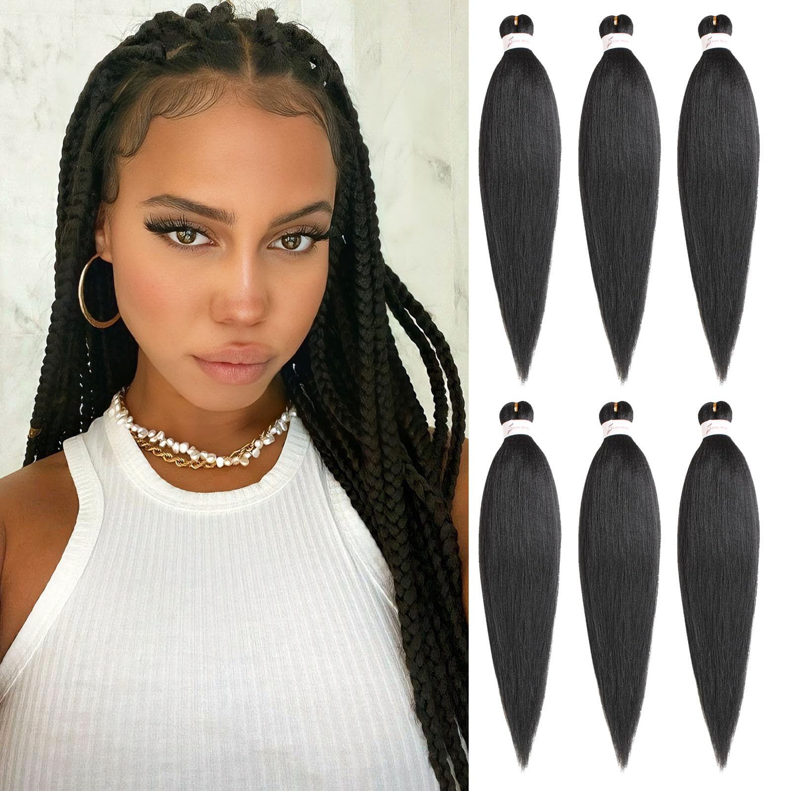 Samtress 20 Inch Pre Stretched Braiding Hair 6 Packs Natural Black Easy Braid Soft Yaki Texture Kanekalon Synthetic Braiding Hair Extensions for Women Hot Water Setting Crochet Braids (#Black) — image 1