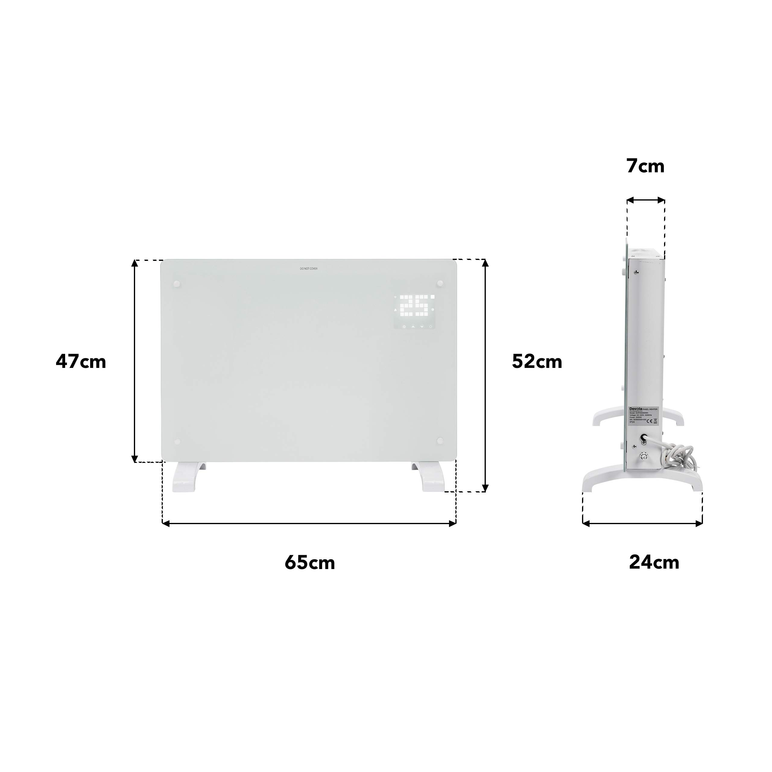 Devola Wifi Enabled Smart Electric Glass Panel Heater 1500W | Alexa Heating Control, Open Window Detection, Wall Mounted & Free Standing Low Energy Heaters with Timer | Lot 20, DVPW1500WH (White)