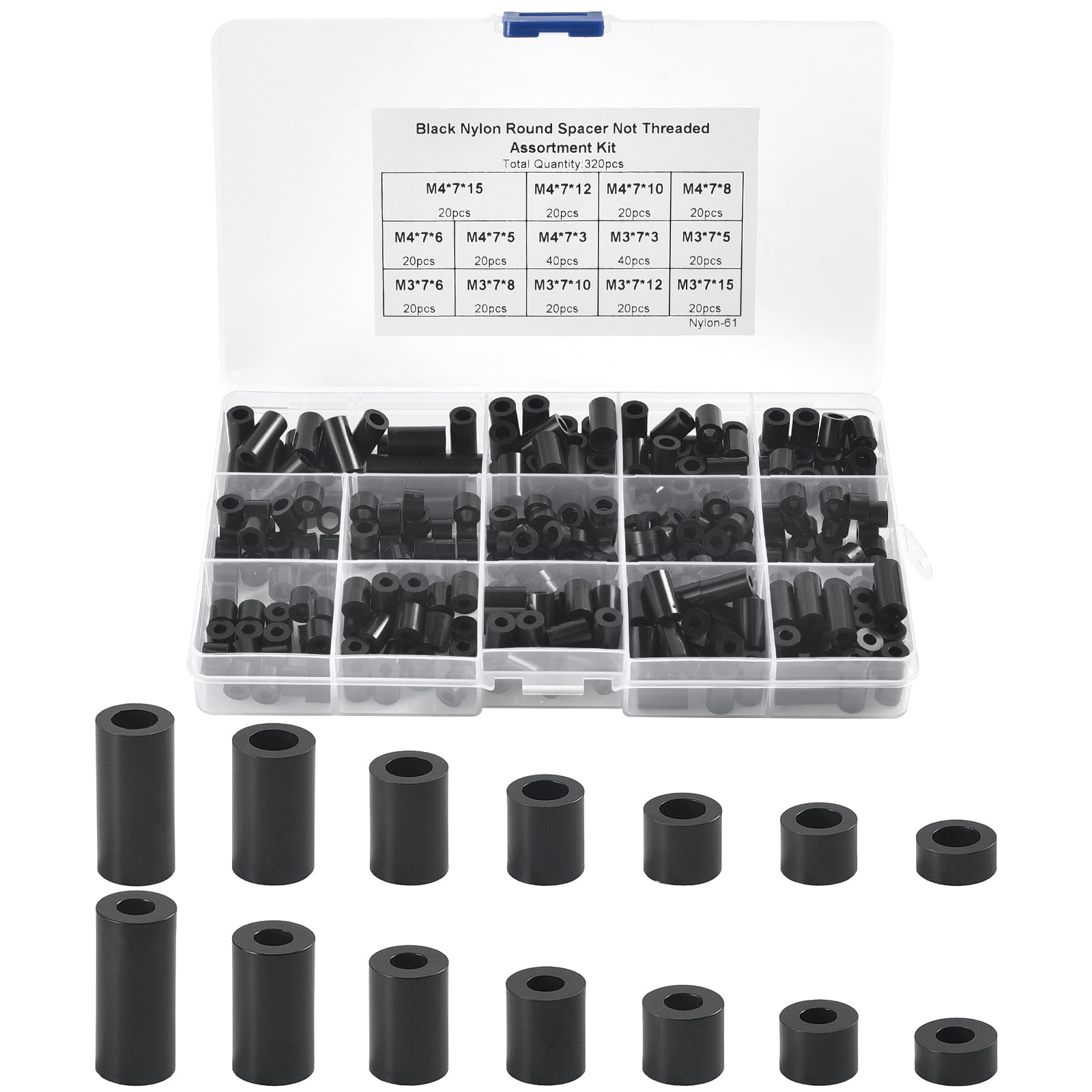 320pcs ABS Round Spacer Washer Assortment Kit, M3 M4 Nylon Non-Threaded Column Standoff Support, Insulation Column Standoff Spacer, Plastic Spacers with Storage Box, 14 Sizes