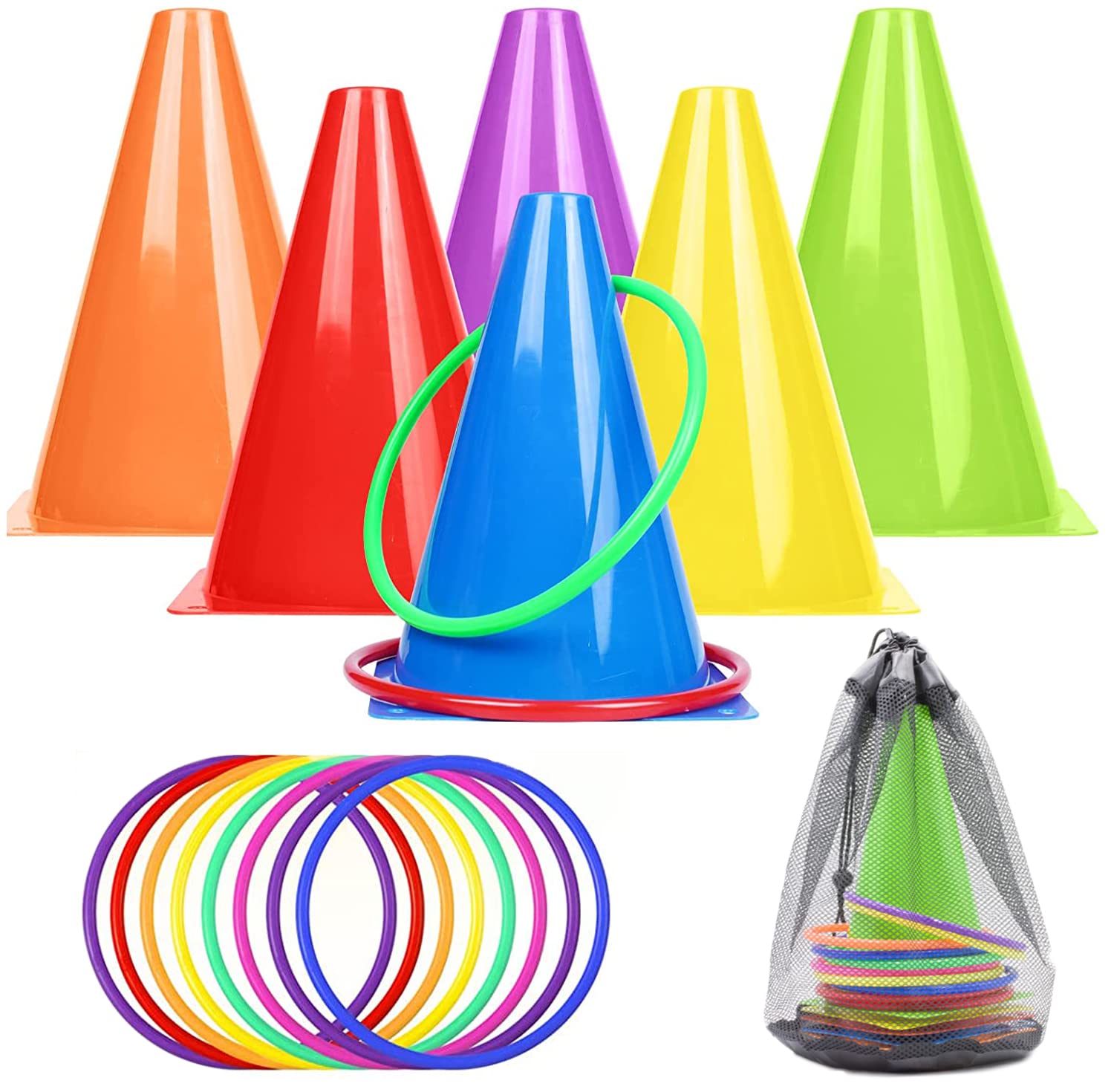 3 in 1 Toss Game Set Hoops and Cones with Bean Bags Training Game for Indoor Outdoor Activity Birthday Party Supplies - 17Pcs (Multicolor)