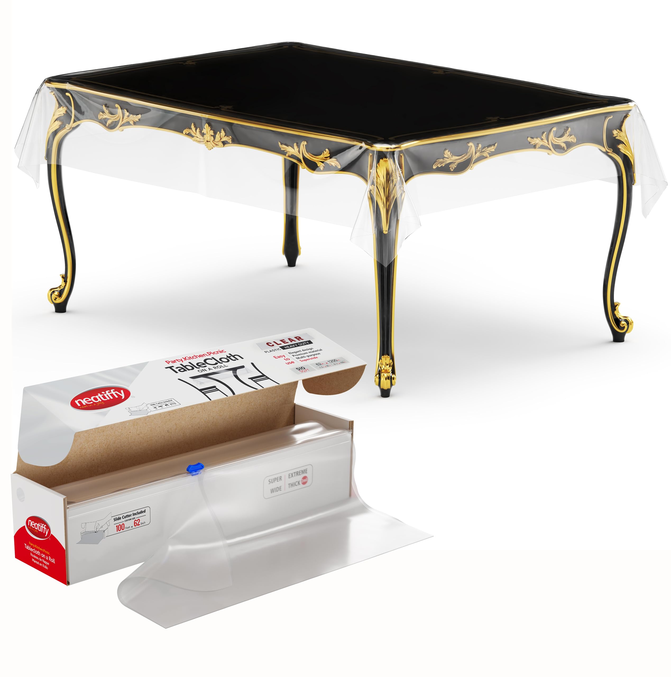 Photo 1 of Neatiffy 62 in x 100 ft - Clear Disposable/Reusable Plastic Table Cloth Roll with Slide Cutter | Waterproof Covers Any Size or Shape