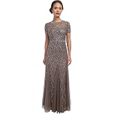 Adrianna Papell Cap Sleeve Fully Beaded Gown | Long Formal Gown with Intricate Beading &amp; Pleated Tulle Skirt