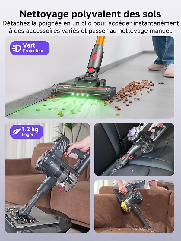 Aspirateur Balai sans Fil, Léger et Puissant, GreenEye, 45KPa/50Min