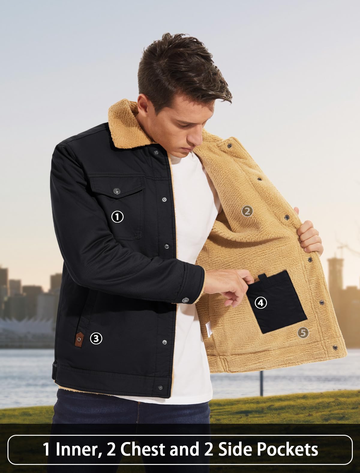 MAGCOMSEN Men's Winter Jacket Lined Sherpa Jacket Warm Trucker Coat Multi Pocket