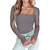 PINKMSTYLE Womens Square Neck Mesh Long Sleeve Bodysuit Shapewear Corset Tops Sexy Concert Outfits Party Shirts