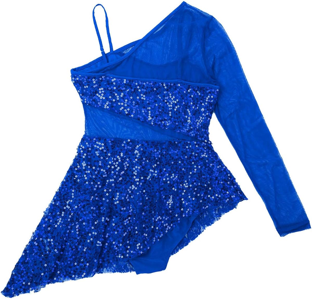 TiaoBug Women's Figure Ice Skating Dress Single Long Sleeve Shiny Sequin Asymmetric Ballet Dance: Clothing