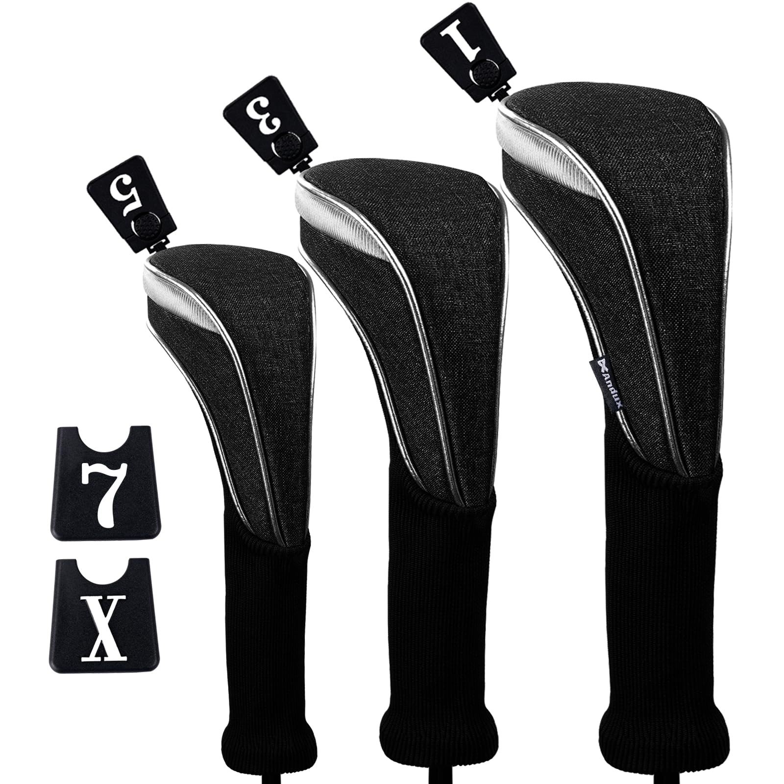 Andux 3pcs/Set Nylon Golf Wood Club Head Covers 460cc Driver Covers Long Neck Black