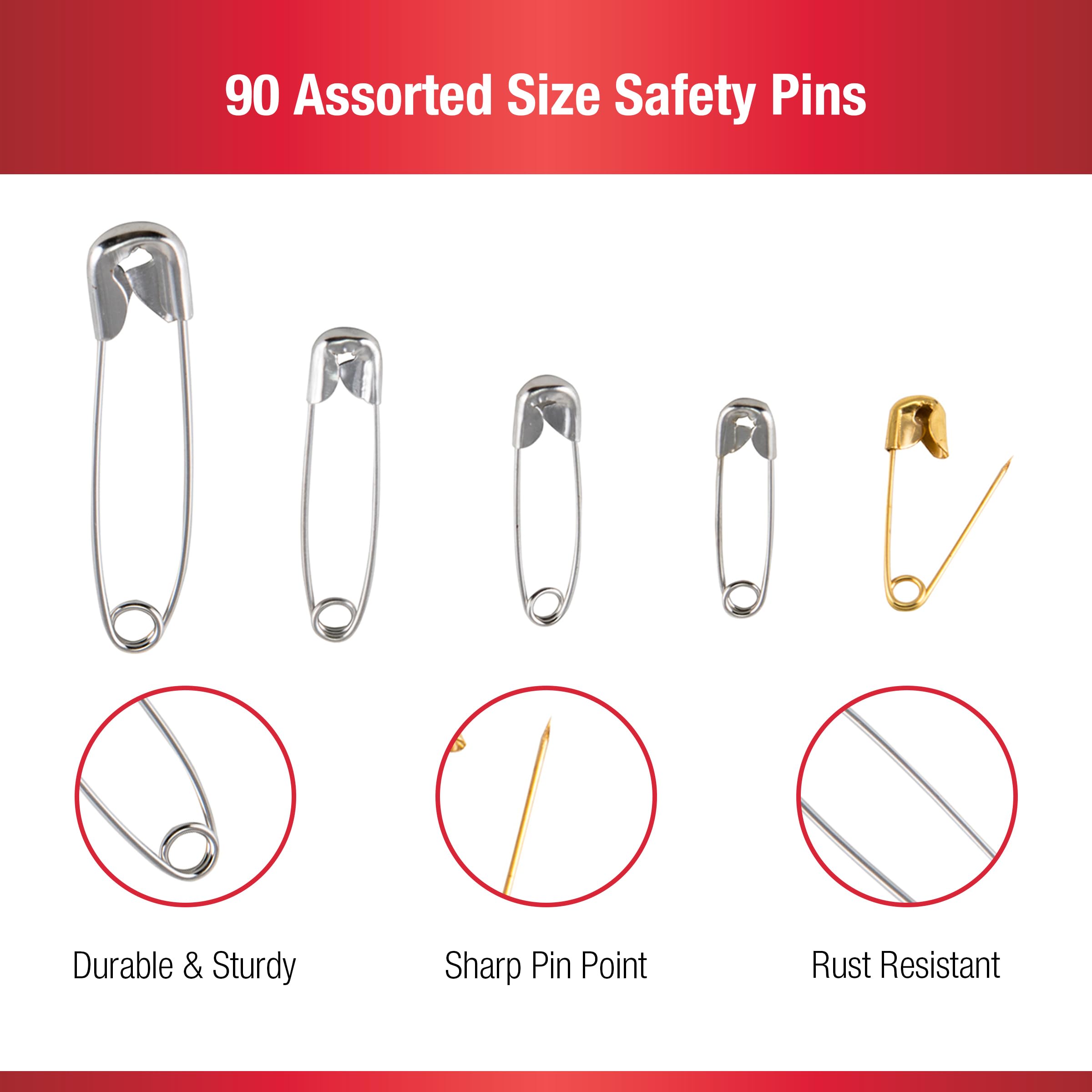 SINGER Asst Safety Pins, Multisize, 90-Count, Size 00-2 Pkg