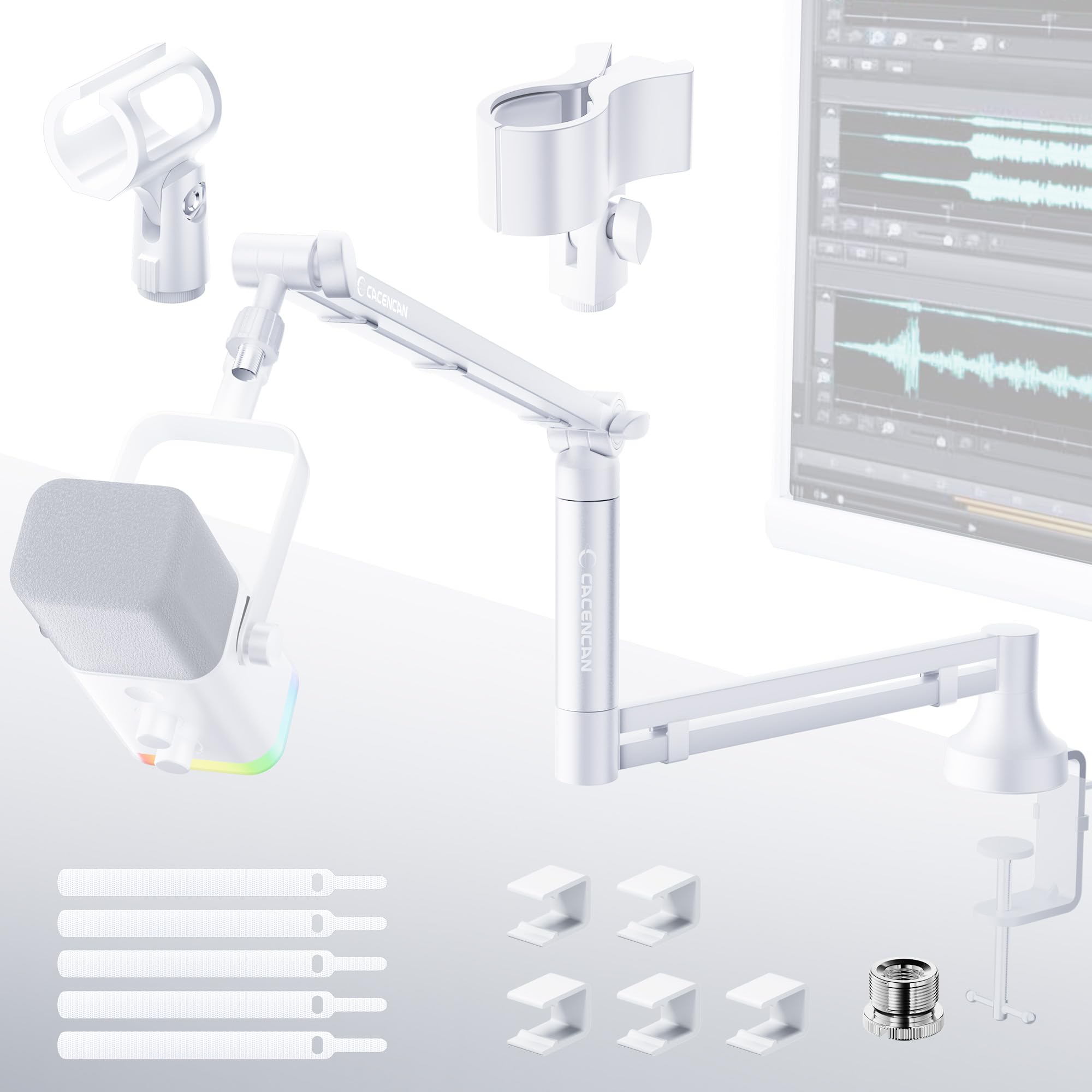 Photo 1 of M05 pro Boom Arm, 360° Rotatable Microphone Stand with Desk Mount, Foldable Desk Mic Arm with 3/8'' to 5/8'' Screw Adapter, Microphone Arm for Live Streaming, Gaming (White)