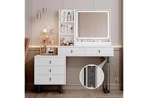 YYJ Large Vanity Desk with 3 Color Touch Screen Dimming Mirror, Vanity Desk with Charging Station, Modern Retractable Makeup Dressing Table, Vanity Table With storage shelves and 5 Sliding Drawers, White