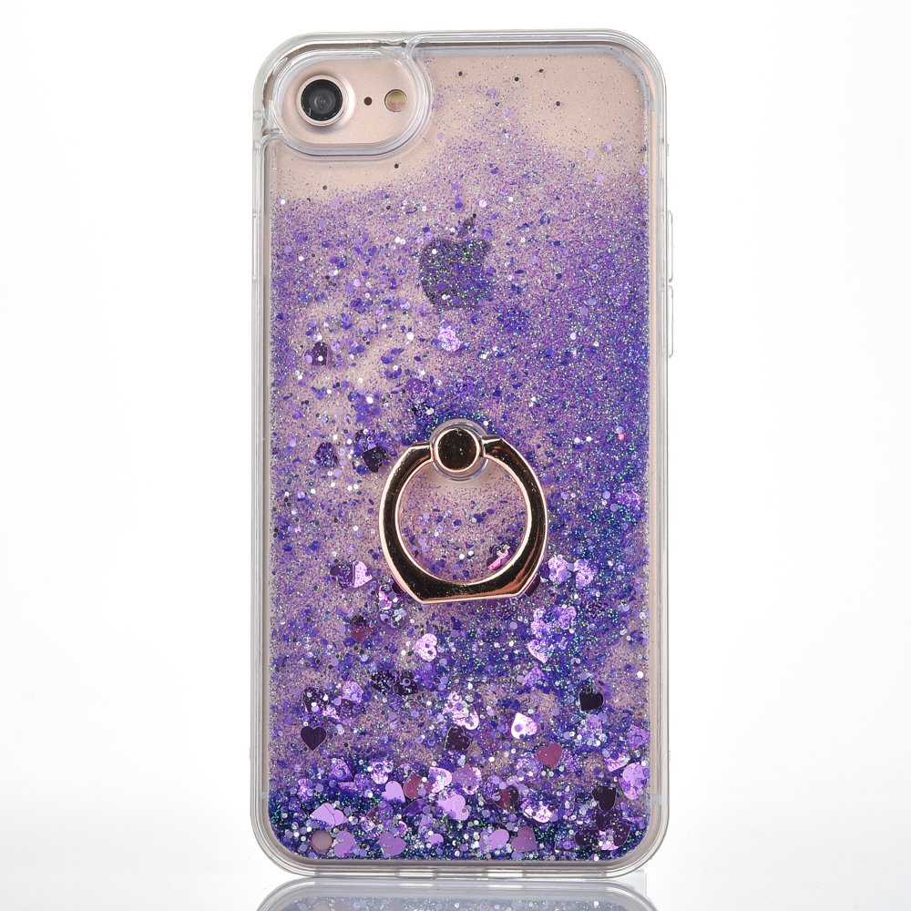 iPhone 6 Plus/6S Plus Case [With Tempered Glass Screen Protector],Mo-Beauty Flowing Liquid Floating Bling Sparkle Glitter Clear Hard Case Cover For Apple iPhone 6P/7P/8P (Purple)
