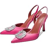 Vertundy Women's Rhinestone Slingback Pumps Pointed Toe Satin Crystal Stiletto High Heels Sandals Party Wedding Bride Pump Dress Shoes Hot Neon Pink