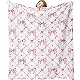 Zzkol Valentines Day Flannel Throw Blanket, Pink Bow Love Hearts Anniversary Wedding Birthday Gifts for Women Lover Couples, Coquette Ribbon Soft Blankets for Bedding Sofa 50" x 60"