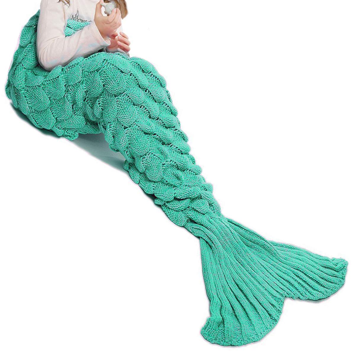 JR.WHITE Mermaid Tail Blanket Kids Adult,Hand Crochet Snuggle Mermaid