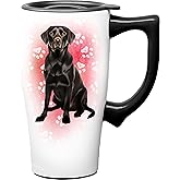 Spoontiques Black Lab Ceramic Travel Coffee Mug with Lid and Handle - Spill Proof Lid - Double Walled Mug for Hot and Cold Beverages - Microwave and Dishwasher Safe