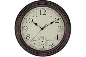 Foxtop Indoor Outdoor Waterproof Wall Clock with Thermometer, 12 Inch Retro Silent Non-Ticking Battery Operated Quartz Round 