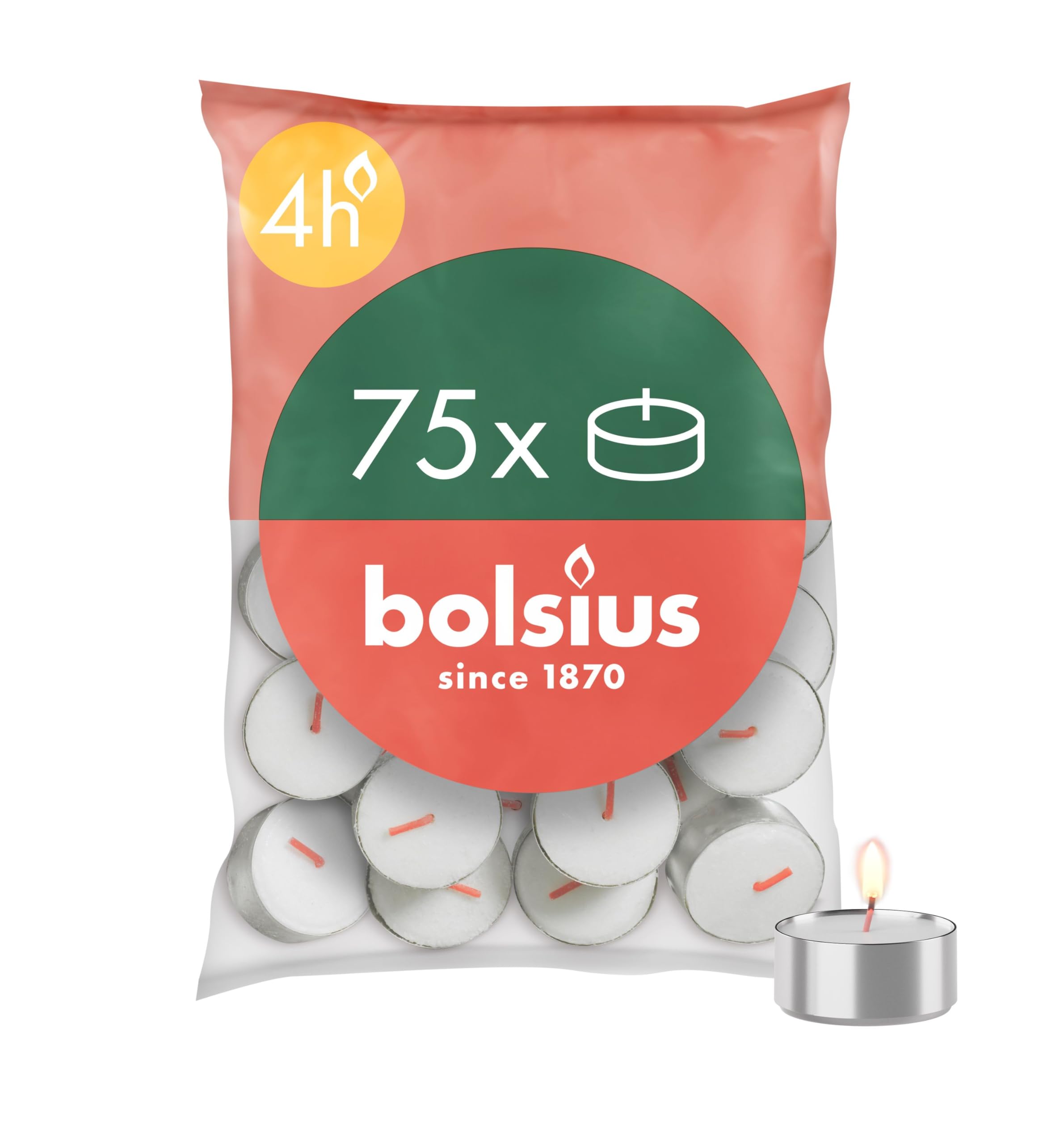 Bolsius D-Light Tea Lights - Pack of 75 - in Bag - Length Burning Time 4 Hours - Decorative Household Candles - White - Contains Natural Plant Wax - Without Palm Oil
