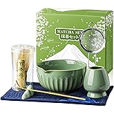 Matcha Whisk Set, Matcha Kit Includes Ceramic Matcha Bowl, 7 Pcs Matcha Tea Green- Whisk and Holder, Bamboo Scoop, Scoop Rest, Sifter and Tea Towel