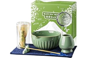 EMOJOY Matcha Whisk Set, Matcha Kit Includes Ceramic Matcha Bowl, 7 Pcs Matcha Tea Green- Whisk and Holder, Bamboo Scoop, Scoop Rest, Sifter and Tea Towel