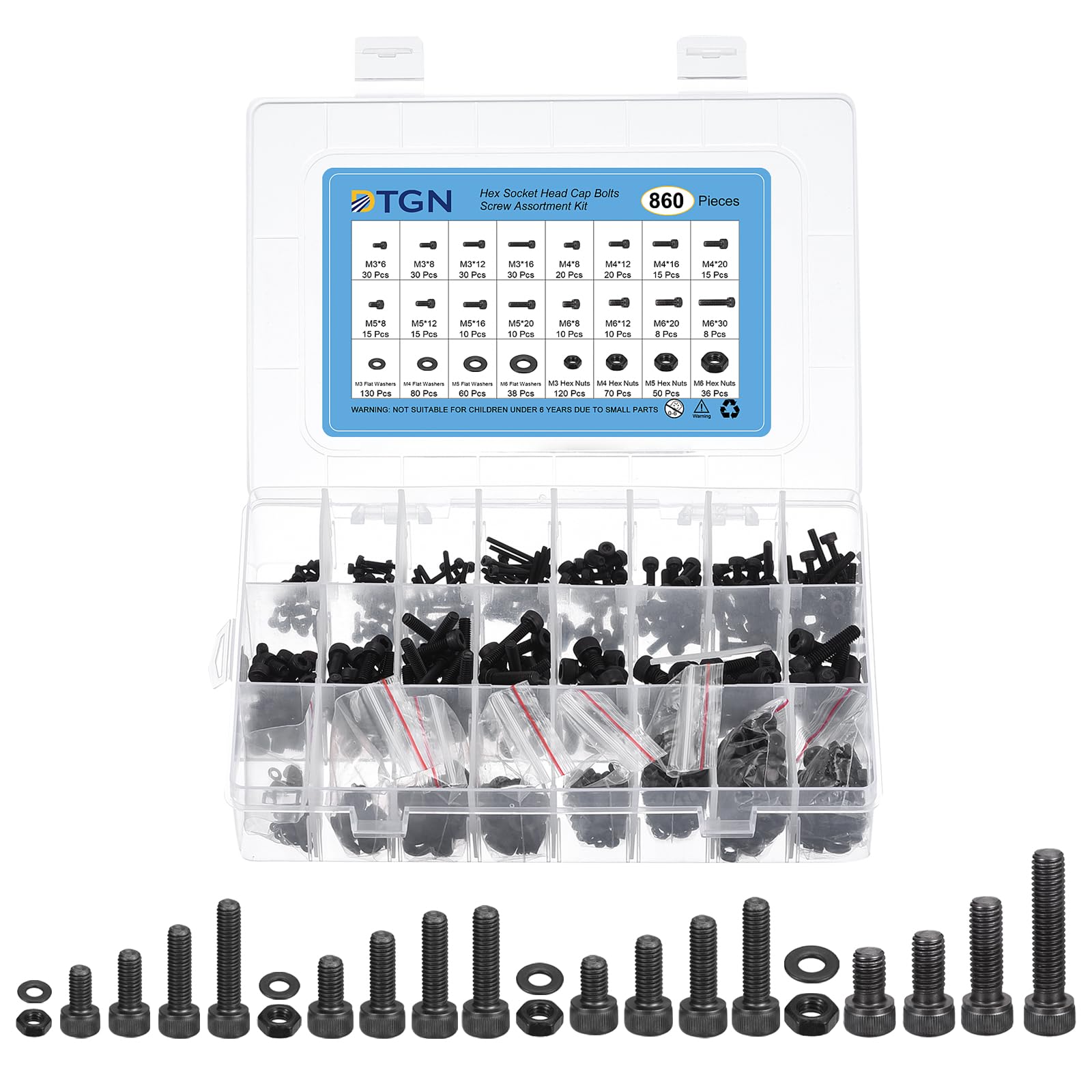 DTGN 860Pcs Metric Screw Assortment, M3/M4/M5/M6 Bolts and Nuts Kit, 12.9 Grade Steel M3/M4/M5/M6x6/8/12/16/20/30mm Hex Socket Head Cap Screws Bolt Set With Washer