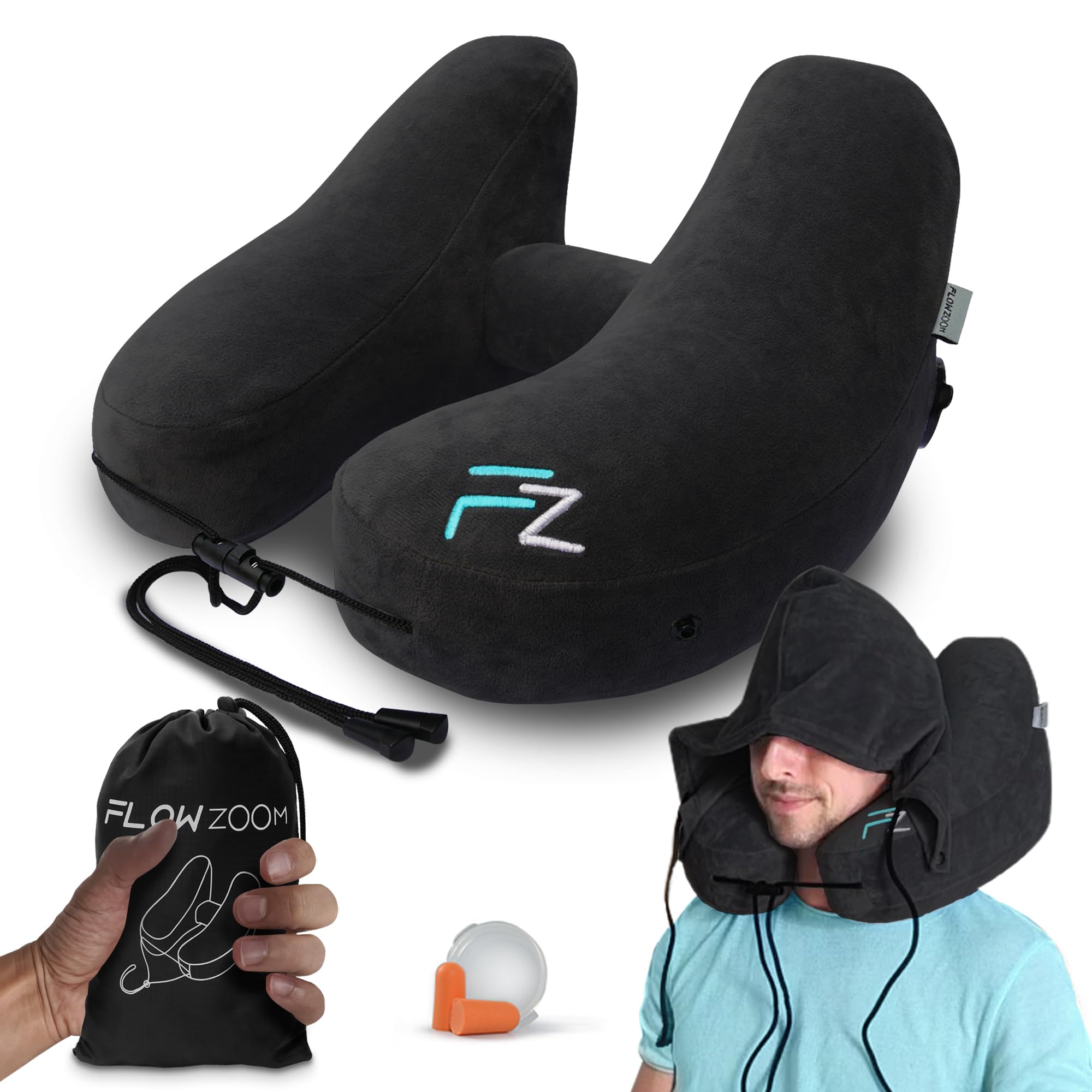 FLOWZOOM AIR Inflatable Neck Pillow for Travel - Hooded Travel Pillow for Airplane - Travel Pillows for Neck - Inflatable Airplane Pillow - Travel Cushion - Flight Neck Pillows for Adults - Black