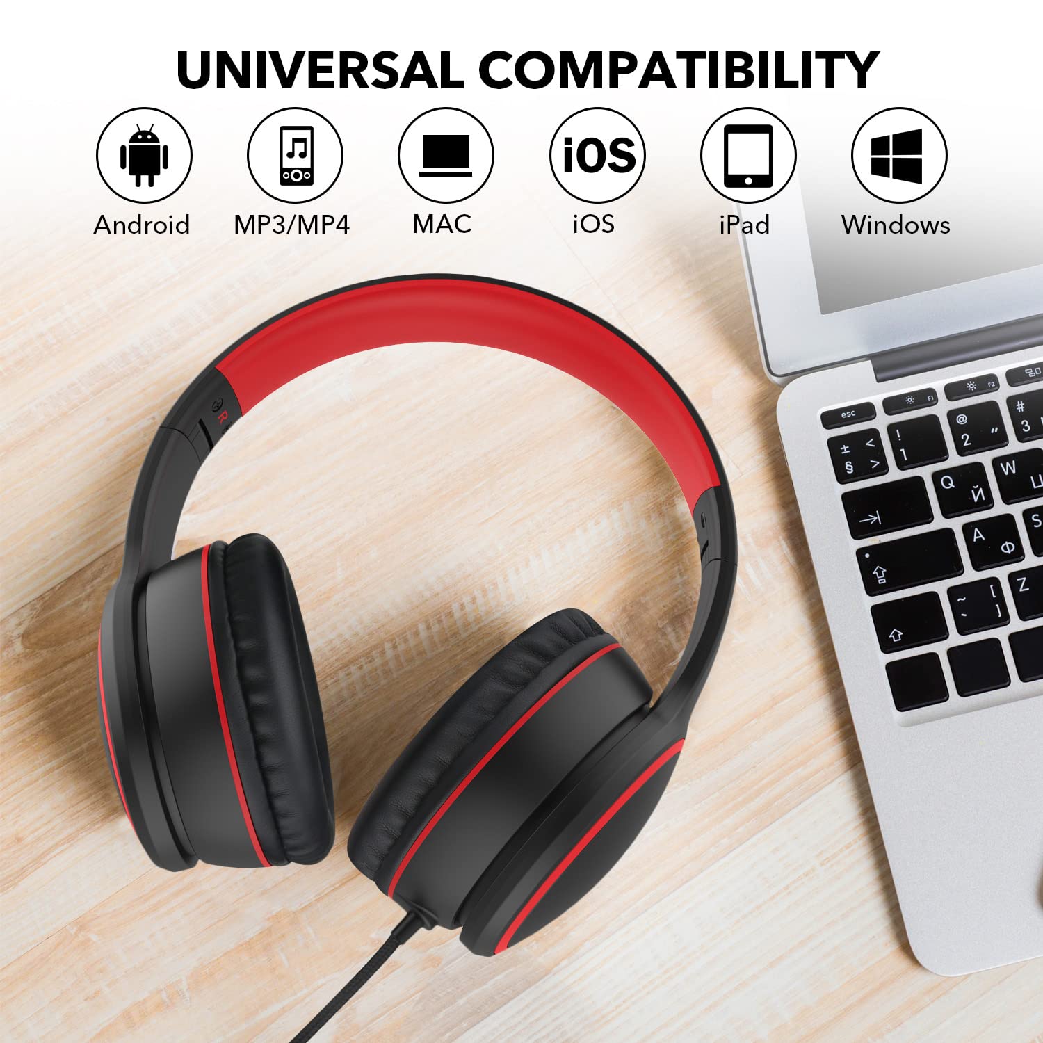 RORSOU R10 Kids Headphones Over-Ear with Microphone, Lightweight Folding Stereo Bass Headset with 1.5M No-Tangle Cord, Portable Wired Headphones for Smartphone Tablet Computer MP3 / 4 (Black)