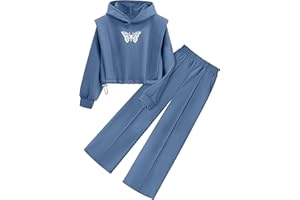 TyeSmo Girls Clothes 2 Piece Outfits Butterfly Print Hoodies Solid Sweatshirts Sweatpants Clothing Sets with Pockets 7-14Y