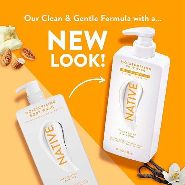 NATIVE MOISTURIZING BODY WASH CONTAINS NATURALLY DERIVED INGREDIENTS | FOR WOMEN & MEN, SULFATE, PARABEN, & DYE FREE LEAVING SKIN SOFT AND HYDRATED | SHEA BUTTER & ALMOND 18 OZ