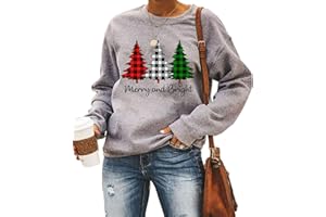 TAOHONG Merry and Bright Shirt Women Funny Leopard Printed Plaid Christmas Trees Long Sleeve Sweatshirts Xmas Graphic Tees