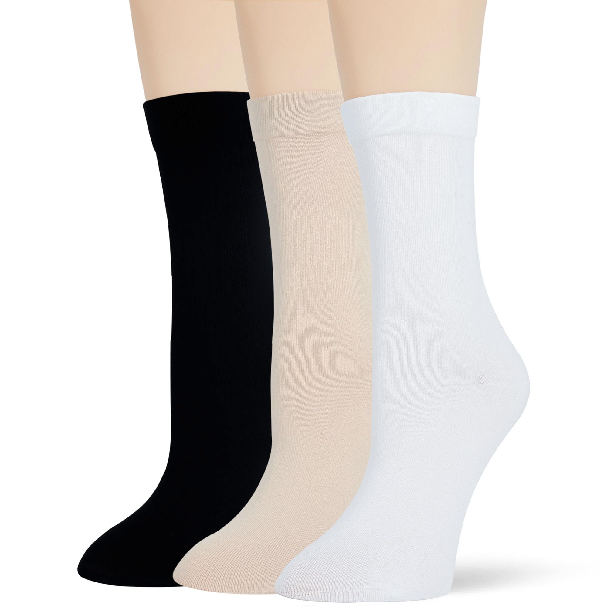 Photo 1 of Bzoinien Thin Crew Socks for Women, Ladies Soft Cotton High Calf Boot Socks for Trouser, Dress, Loafer, Casual, Fashion, Business, Work, 3 Pairs, Size 5-11, Black, White, Nude