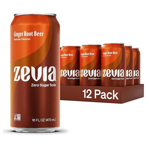 ZEVIA ZERO SUGAR SODA, GINGER ROOT BEER, 16 OZ CANS (12-PACK) – NATURALLY SWEETENED, NON-GMO PROJECT VERIFIED, GLUTEN-FREE, VEGAN