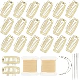 20 Pieces Hair Extension Clips, Beige Wig Clip with Needle and Thread Set | 9-teeth 32 mm Stainless Steel Snap Clips for Wigs, Hair Bangs, Toppers, Toupees, Hair Extensions